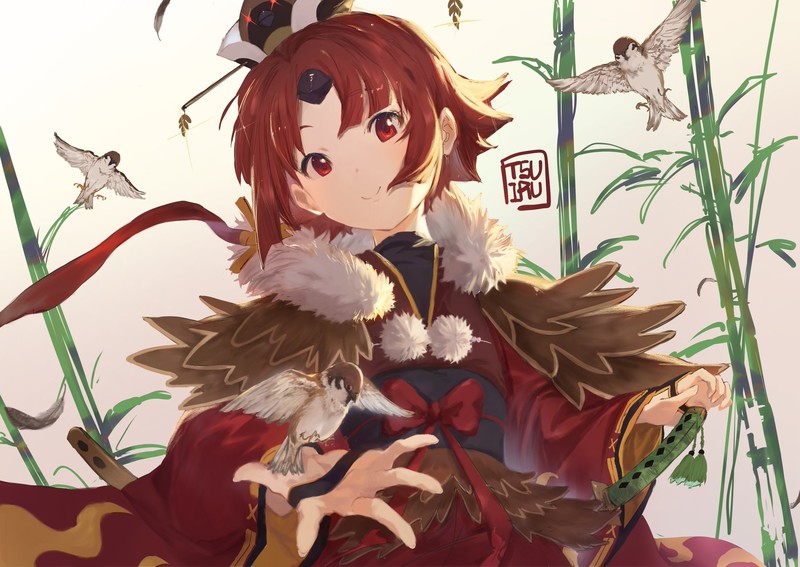 红发赤眼动漫少女与飞鸟壁纸