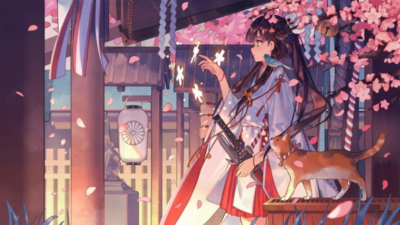 动漫樱花少女与猫咪壁纸
