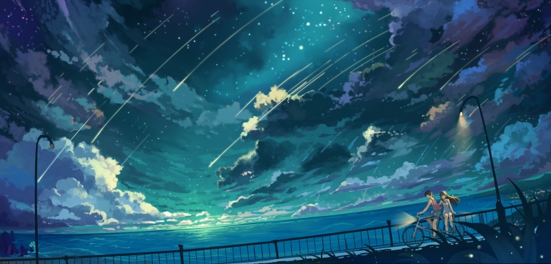 夜晚海边星空动漫少女单车壁纸