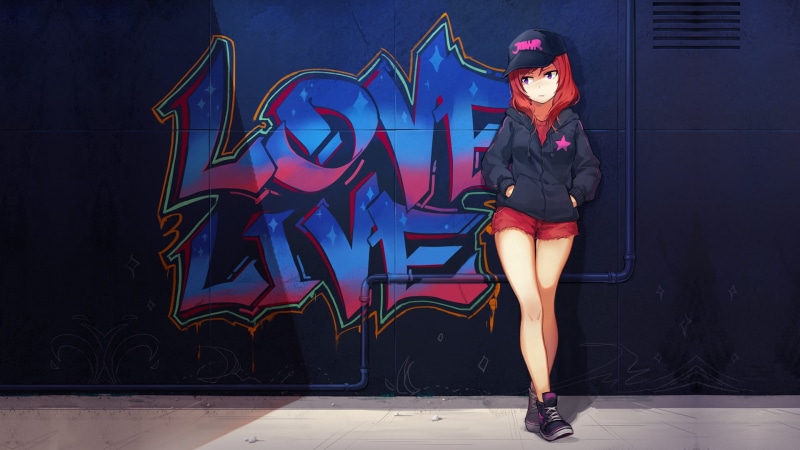 LoveLive!同人壁纸：穿连帽衫的二次元少女街头涂鸦风写真