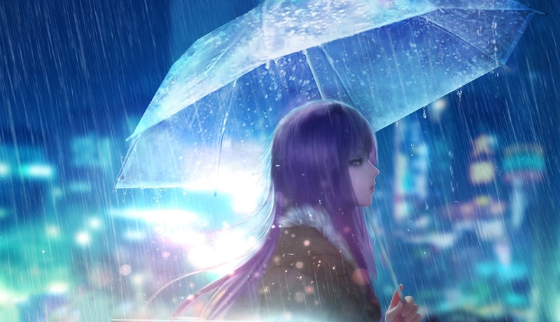 紫发少女雨中撑伞的1080P动漫壁纸