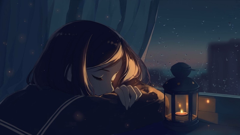黑发动漫少女深夜窗边入眠壁纸