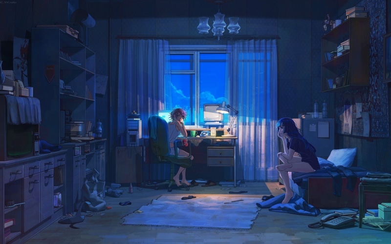 深夜动漫客厅氛围感壁纸 少女与电脑定格永恒夏日