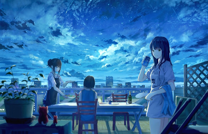 绝美的星夜都市少女插画壁纸