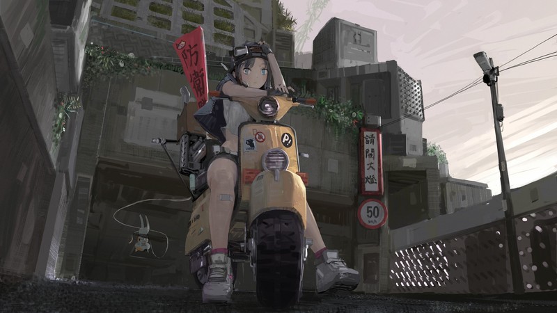 摩托机车 水泥墙面 动漫 动漫少女 PainDude 高清壁纸