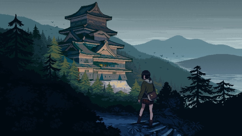 绝美像素风壁纸！二次元少女搭配国风山水建筑太绝了