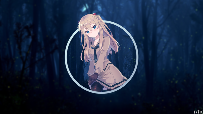 蓝调夜色下的动漫少女 画中画高清壁纸