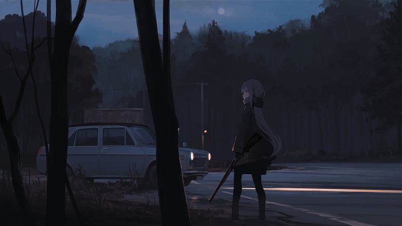 深夜林间公路的动漫少女壁纸