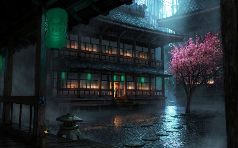 深夜古风动漫壁纸：中式古建配灯笼樱花氛围感拉满