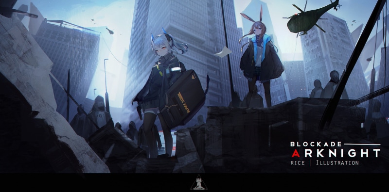 棕发黑发少女直升机明日方舟2K长发围巾数字艺术动漫少女持枪少女盾牌艺术作品动漫蓝发武器城市枪械高清壁纸