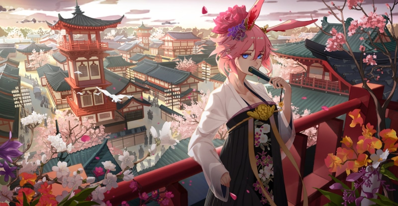 八重樱绝美同人壁纸！兽耳蓝眼樱花下的崩坏少女