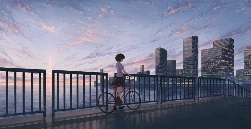 动漫壁纸分享：黑发短发二次元少女与城市天际线