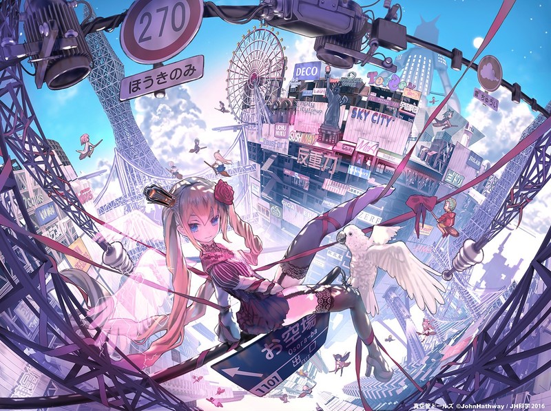 头上别花的二次元少女 幻想都市壁纸