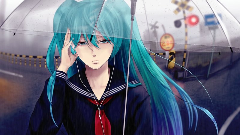 红发初音蓝伞壁纸