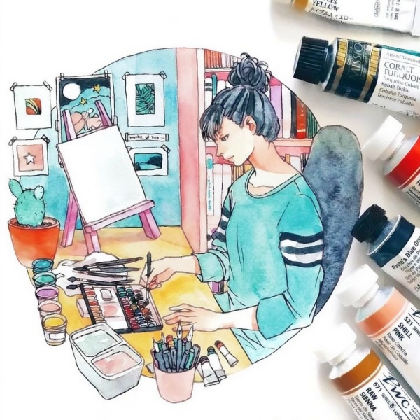 女生水彩头像合集！7张超清唯美个性手绘头像图