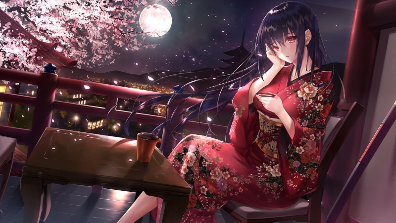 紫发少女月夜和服壁纸