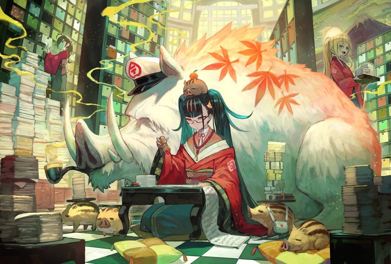 双马尾少女与野猪的幻想手绘壁纸