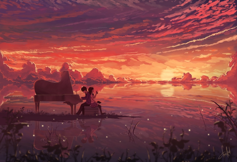 夕阳下的钢琴情侣漫剪