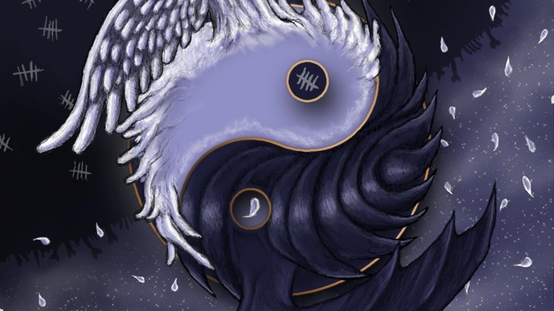 黑白羽翼阴阳禅意插画壁纸