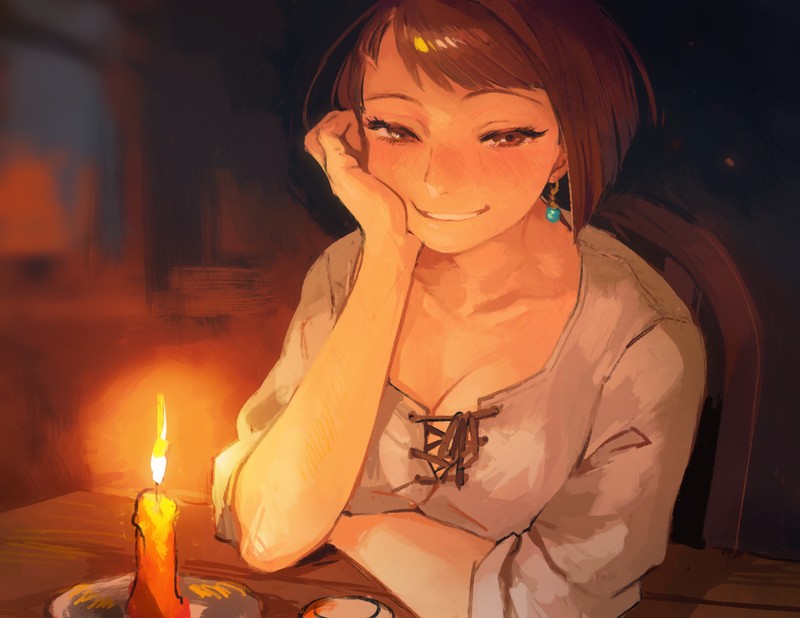 深夜烛光里脸红笑的原创动漫少女壁纸