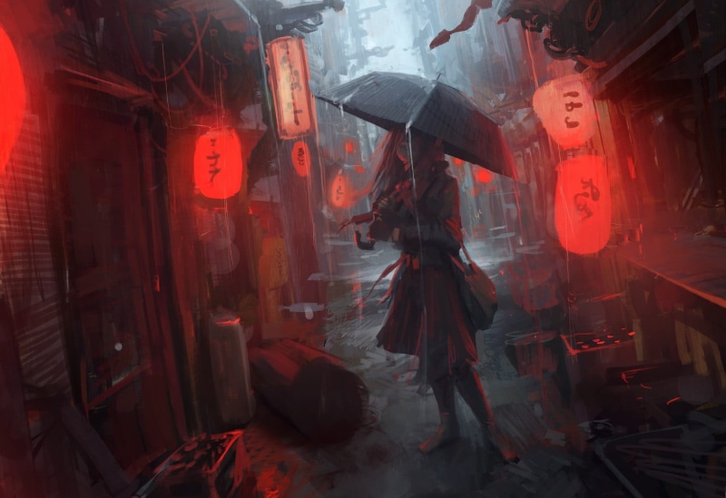 雨天都市里撑伞漫步的二次元少女高清壁纸