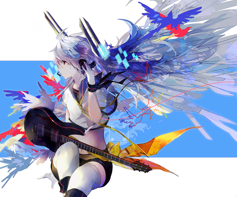 蓝发长发动漫少女吉他壁纸