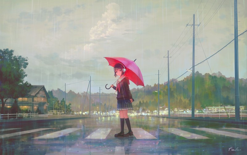 撑伞躲雨的制服少女们