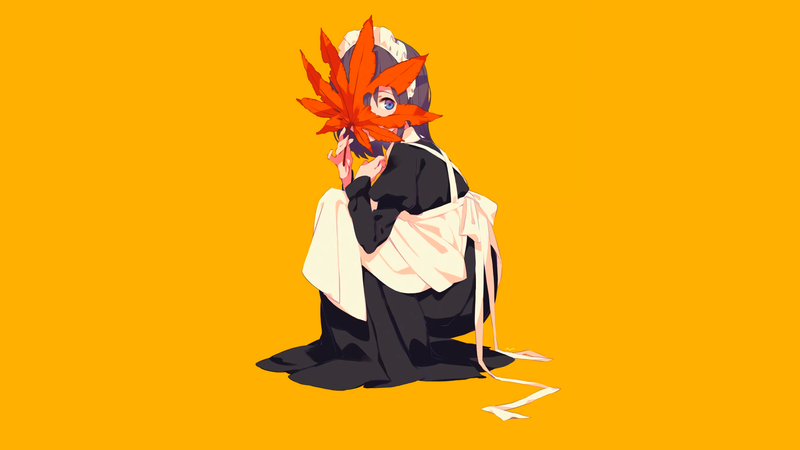 秋日枫叶氛围感壁纸！女仆装动漫少女简约风高清图