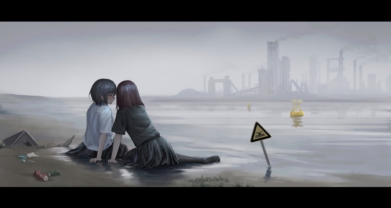 二次元少女 海边 工厂 警示标识 高清动漫壁纸