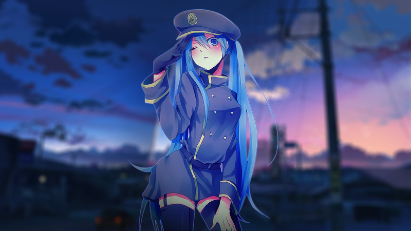 蓝发戴帽动漫少女高清壁纸