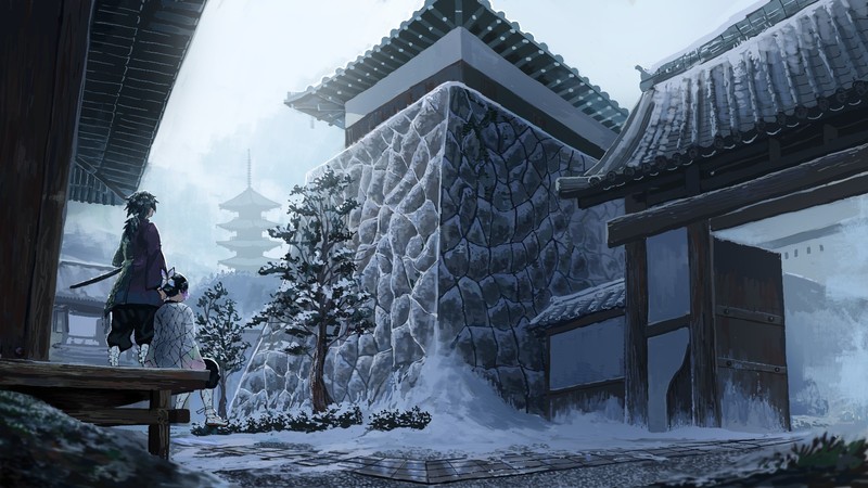 这组鬼灭之刃同人壁纸太戳了！蝴蝶忍和水柱同框还有日轮刀雪景