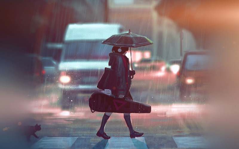 4K高清动漫壁纸：撑伞拉小提琴的少女在雨中等你