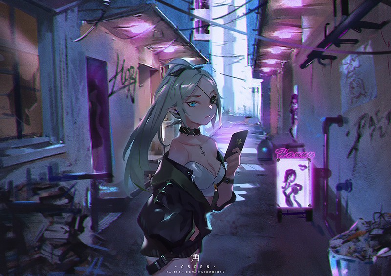 绿马尾动漫少女高清壁纸