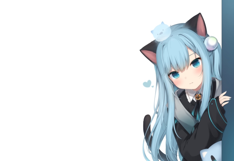 绝赞蓝发猫耳少女壁纸！纯白背景下的二次元萌妹高清图