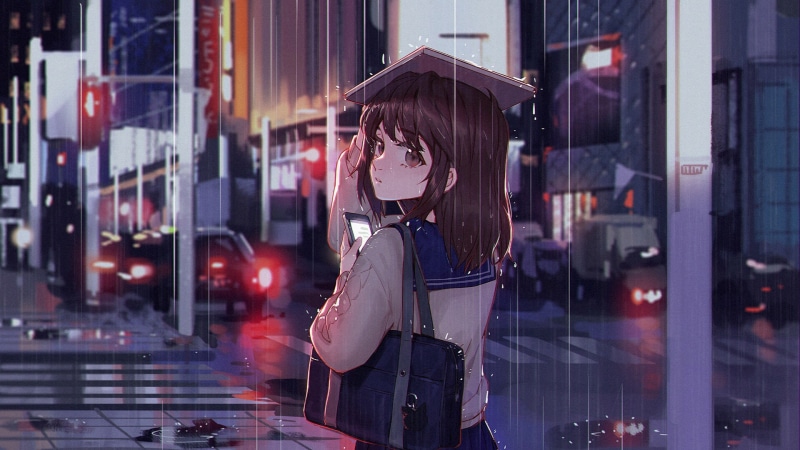 绝美动漫少女雨天都市壁纸  brunette 1080P高清