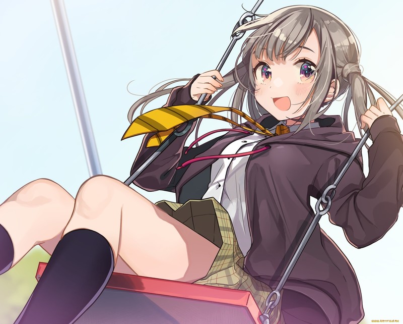 绝美动漫少女壁纸合集 银发少女配领带丝袜短裙荡秋千