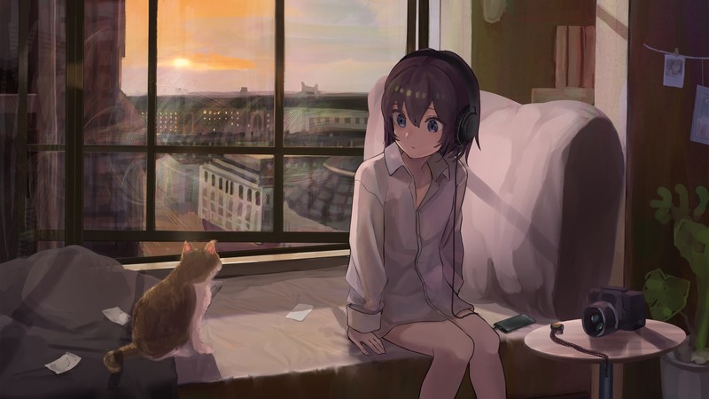 动漫壁纸合集：窗边撸猫的耳机少女们