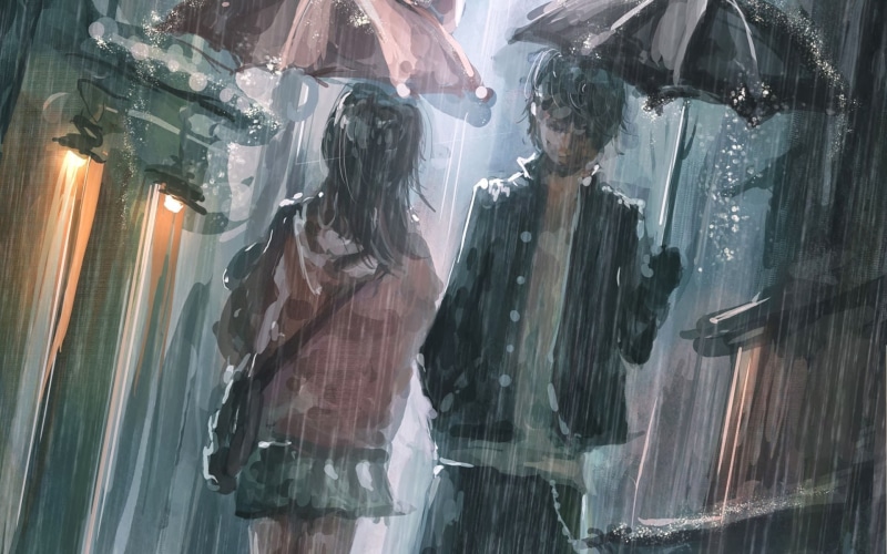 动漫少年雨天撑伞街景壁纸