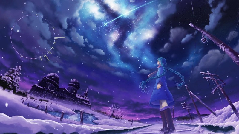 动漫雪景下的浪漫星空壁纸
