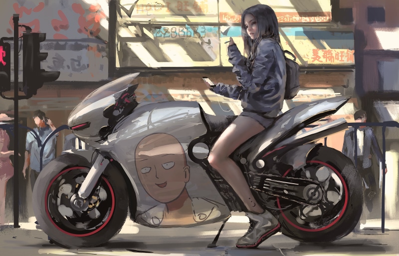 光头黑发动漫少女抽烟街景手绘壁纸