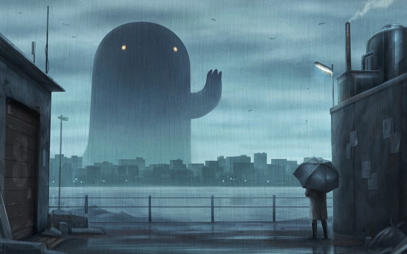 暴雨都市里的奇幻生物插画
