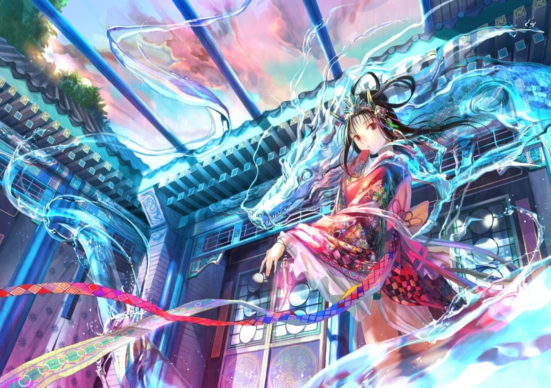 穿和服的黑发少女与红龙壁纸