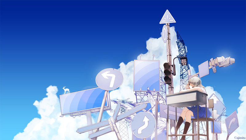 街头动漫漫画风壁纸 起重机路牌街灯反光镜高清壁纸