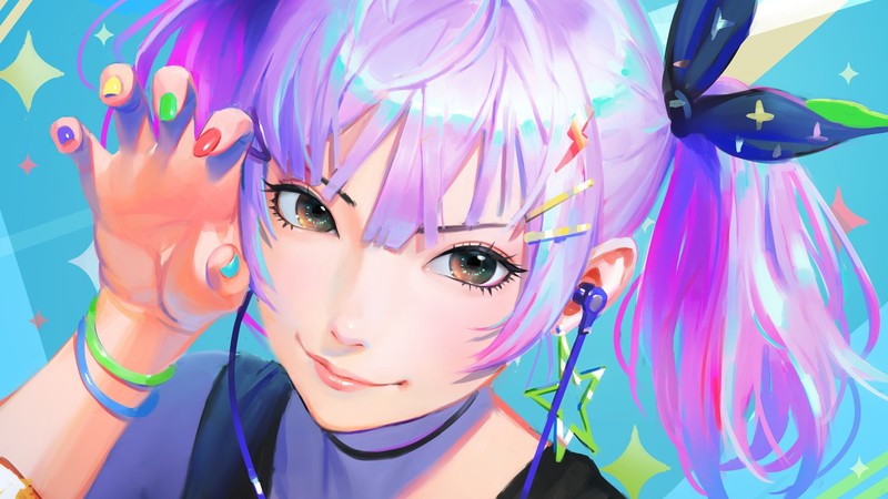 这款二次元壁纸太绝！短发紫发耳机少女高清图