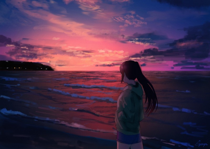 动漫少女与暗调海景壁纸