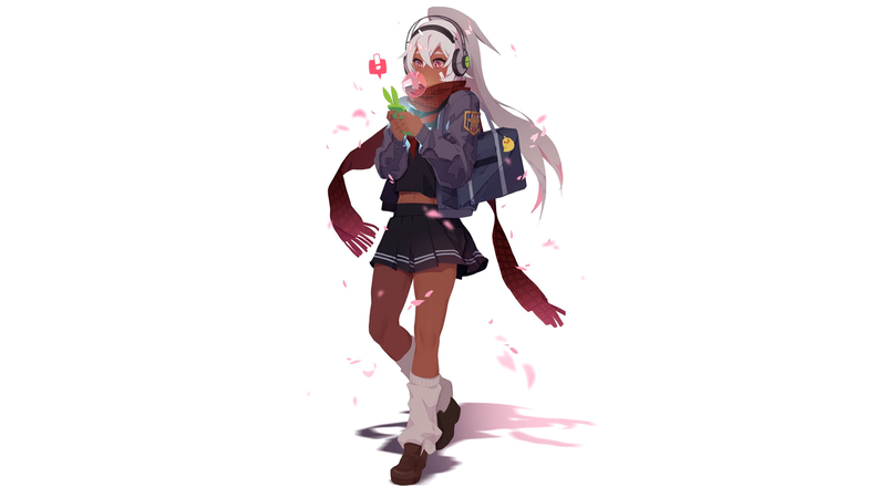 软妹二次元壁纸合集！校服白毛少女戴耳机嚼泡泡糖