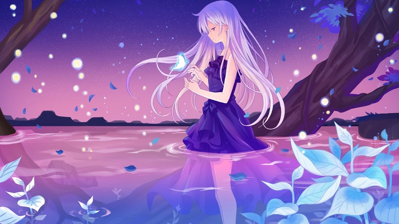 长发 蝴蝶 连衣裙 树林 树叶 动漫高清壁纸