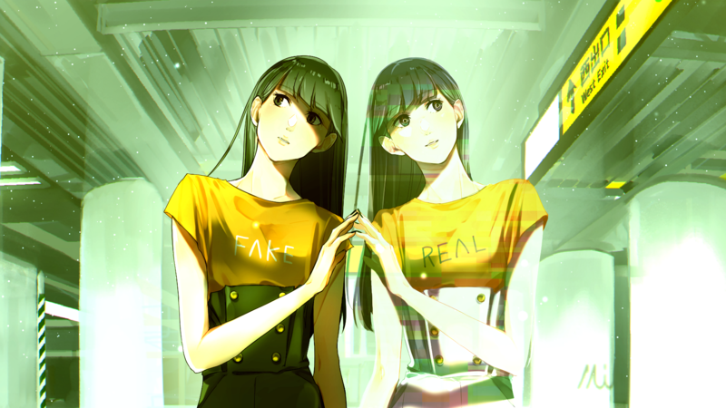 绿发二次元少女原创角色倒影壁纸