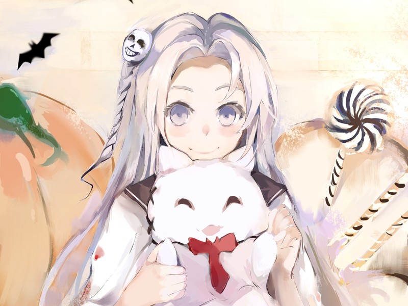 白发长发二次元少女万圣节高清壁纸