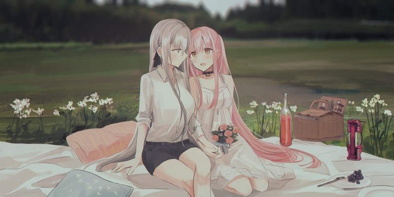 两位银发粉发少女的自然系动漫壁纸